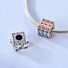 1 件银色彩色珐琅可旋转魔方珠饰适合手链项链珠子用于 DIY 珠宝制作独特设计珠宝适合派对日常佩戴 - 銀色 - 查看 3
