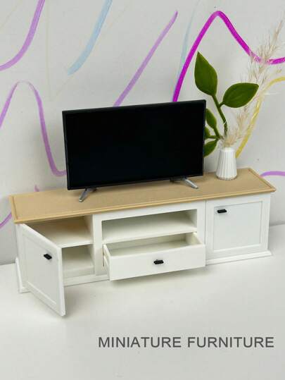 1:12 Scale Miniature TV Cabinet, Dollhouse TV, Faux Wood Resin Cabinet, Mini Model Home Decor Accessory, Dollhouse Living Room Prop, Small Table With Drawers, Opening Cabinet, Micro Furniture Model