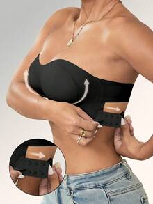 女士无缝无肩带文胸性感侧扣文胸无缝交叉后背纯色无线文胸柔软胸垫舒适文胸可调节肩带女士贴身内衣弹力内衣管，新娘内衣上衣透气吊带背心不透明完美搭配无肩带连衣裙适合日常穿着 - 黑色 - 查看 2