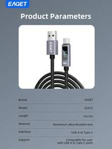 LED显示屏USB A转C数据线快速充电线66W/6A USB C充电线束，USB C型尼龙编织480Mbps USB C快速充电线，适用于 15/16/17系列、Oppo OnePlus等手机。