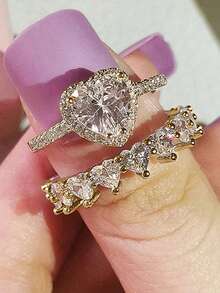 两件套经典立方氧化锆戒指套装，女士结婚订婚周年纪念派对珠宝，情人节礼物，送给妈妈的礼物，母亲节礼物