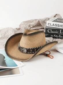 1pc Casual Bull Star Pattern Boho Rivet Bow Straw Sun Hat, Fashionable Versatile Beach Holiday Shade Hat For All Seasons