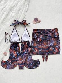 Women's Sexy Summer Beach Vacation Style All-Over Print Backless Tie-Knot Halter Bikini Set - Multicolor - View 4