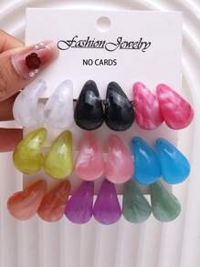 3 Pairs Women Simple CCB Plastic Water Drop Smooth Spray Painted Stud Earrings, Fashion Earring Set, Gift & Daily Use
