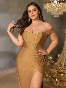 Faeriesty Curve Plus Off Shoulder Bodice Contrast Ruched Wrap Hem Formal Evening Party Dress
