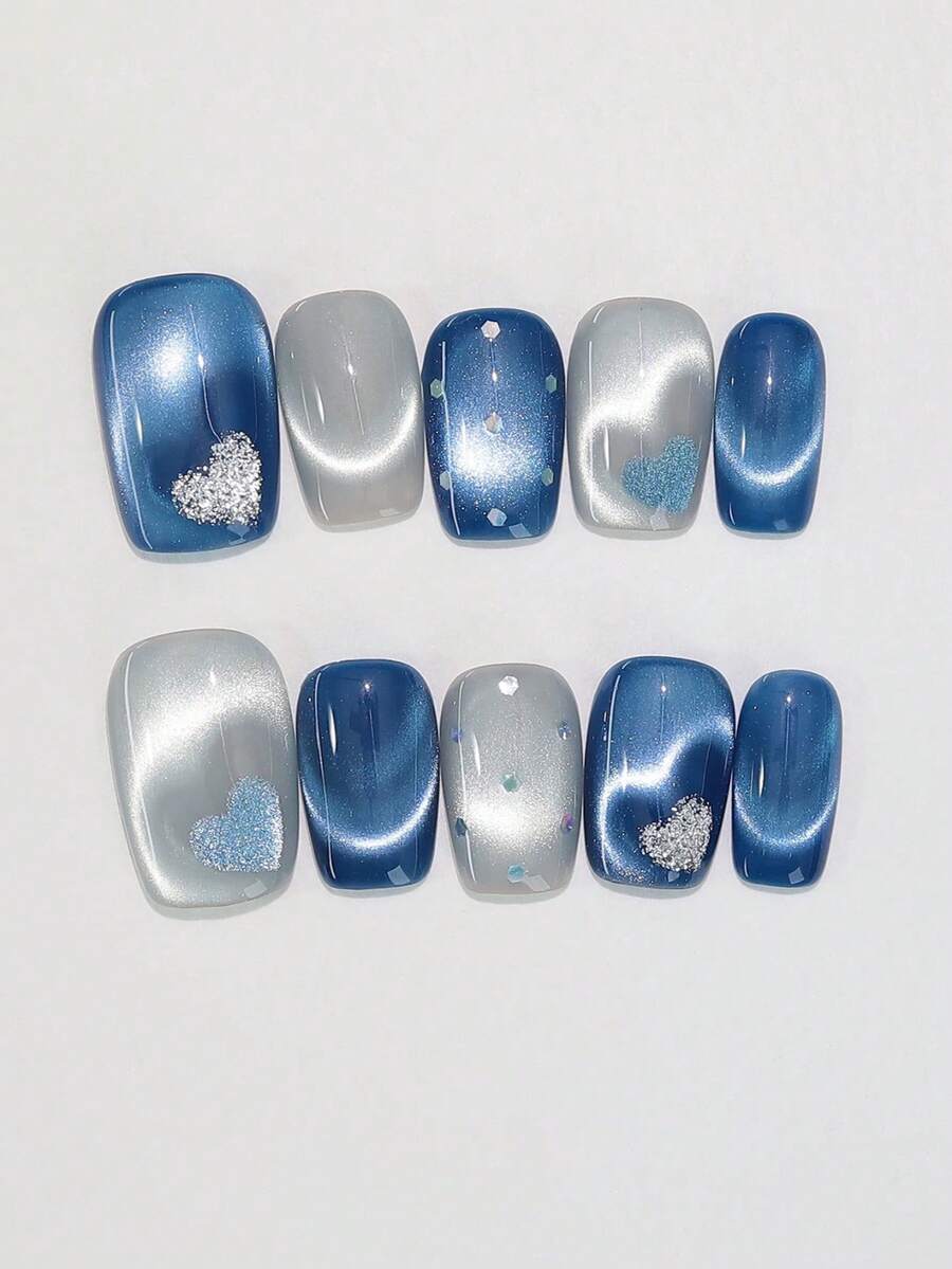 10pcs Handmade Press-On Nails, Short Square Shape, Blue Color, Y2K Style, Sweet & Fresh, Solid Color, Heart Pattern, Suitable For Women & Girls, Spring/Summer Holidays & Daily Wear Handmade Press On Nails - Blue - View 1