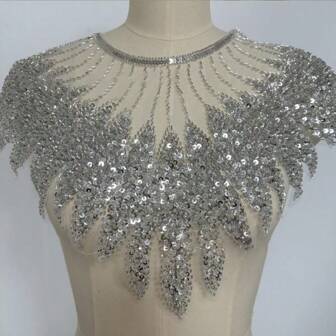 1 pieza Aplicación decorativa para ropa con lentejuelas, cuentas y malla de encaje, adorno bordado DIY para prendas