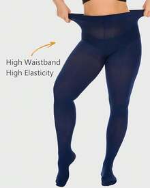 Plus Size Tights For Women, Ultra Soft Solid Color Semi-Opaque Pantyhose, Nylon High Waist Stockings 1X 2X 3X 4X - Xanh nước biển - Xem 3
