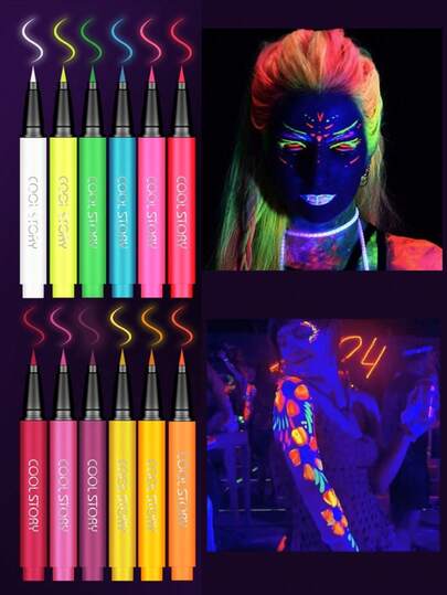 coolstory 12色霓虹荧光彩绘笔套装，夜光UV人体彩绘，持久防水防汗不晕染，12种不同颜色套装