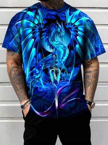 Men's Plus Size Chinese Dragon Print Crew Neck Short Sleeve Casual T-Shirt, Summer