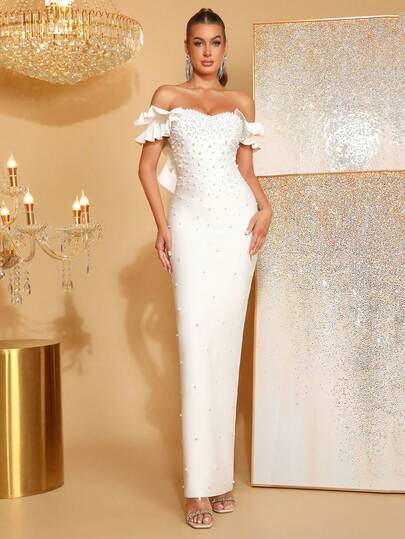 New Sexy Pink Strapless Pearl Beaded Decor Wedding Gown, Party Evening Dress