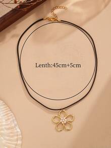 1pc Elegant Luxurious Gold Flower Necklace, Eye-Catching Faux Pearl Flower Adjustable Leather Cord Necklace, Suitable For Women, Perfect For Summer Outfits And Valentine's Day Gift - Gold - View 5