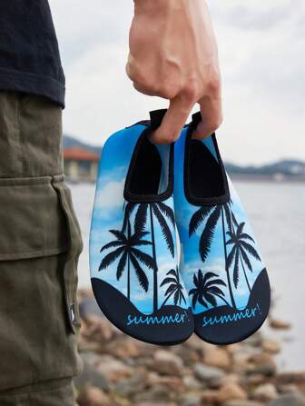 Summer Couples Cartoon Print Outdoor Waterproof Holiday Beach Sandals, Amphibious Shoes, High Elasticity Women Plus Size Graffiti Jellyfish & Coconut Tree Yoga Shoes, Men Breathable Lightweight Swimming Fishing Shoes