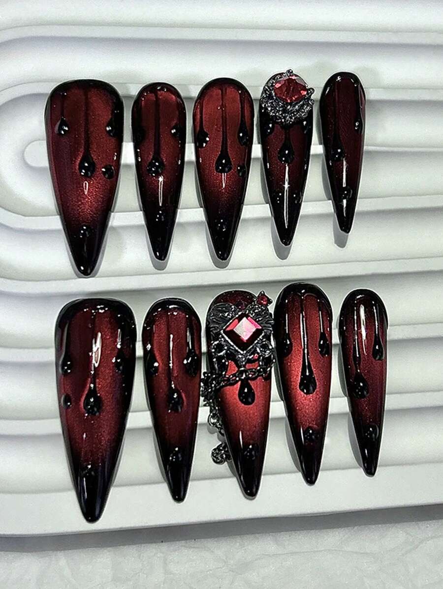 10PCS Dark Blood Red Hot Girl Press On Nails Handmade Red Cat Eye Blood Drops Vampire Red Diamonds Fake Nail Press On Nails Long Nail Supplies(1 Sheets Jelly Stickers+1PC Nail File) - Burgundy - View 1
