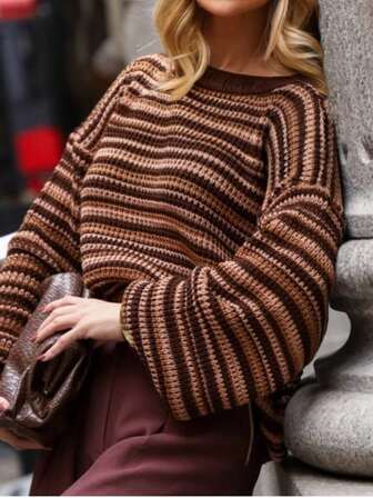 女士条纹撞色针织套头衫复古简约罗纹小条纹秋冬毛衣女士毛衣