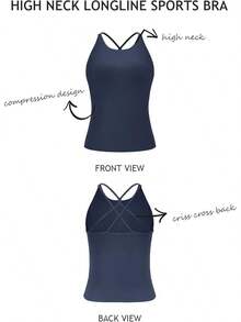 Womens Sports Bra Strappy High Neck Longline Yoga Running Gym Tops Clothes Padded Workout Tank Tops With Built In Brahalloween - Màu xanh hải quân - Xem 6