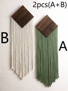 1件87厘米/34.25英寸手工菱形木质流苏挂毯，绿色波西米亚风格编织墙饰，适用于公寓、宿舍、客厅、卧室 - 彩色 - 查看 16
