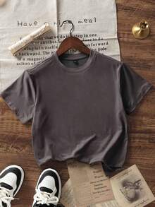 男孩和青少年学生休闲印花深灰色圆领短袖T恤，夏季上衣