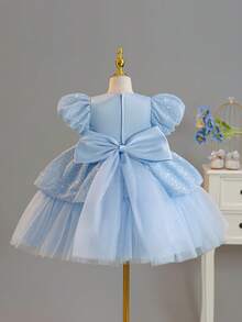 Vestido de princesa con mangas abullonadas con lentejuelas y volumen para niñas, vestido formal de alta gama con flores y tul voluminoso para niña de las flores y actuaciones - Azul - Ver 4