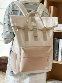 Women's Functional Single-Color Backpack, Suitable For Work And Travel, Minimalist Everyday Functional Backpack For Women, Minimalist Black Sports Backpack For - Khaki - View 2