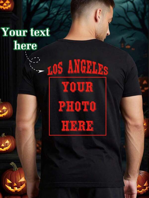 Personalisiertes Herren T-Shirt mit einzigartigem Halloween Design, personalisierter Fotodruck, lässige Sportbekleidung Kurzarm T-Shirt, personalisiertes Sommer Herren T-Shirt Top, Halloween/Weihnachten/Valentinstag Design personalisiertes schwarzes Rundhals Kurzarm Herren T-Shirt, Urlaubsgeschenke, Geburtstagsgeschenke Personalisierung, Herren T-Shirt, T-Shirt Text Personalisierung, schwarze Sommer Herren Oberteile
