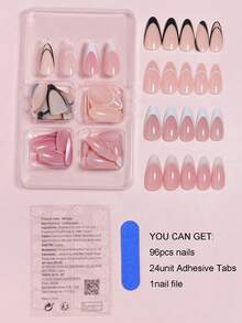 VV MEI JIA ER 4包 (96枚) 中號全覆蓋杏仁指甲，有光澤貼式法式假甲，配有雙色法式設計，自然亞克力人造指甲，女性和女孩指甲套裝，附贈1張膠帶和1個指甲文件，美甲用品 - 彩色 - 查看 2