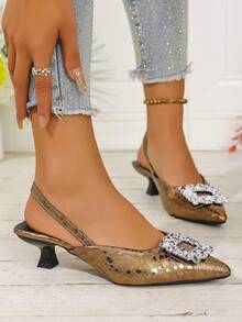 女式简约露跟高跟鞋，带水钻装饰和弹性踝带，时尚户外高跟鞋