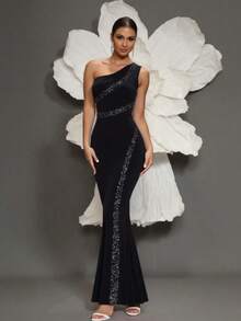 Basrey Belle Asymmetrical Neck Contrast Sequin Mermaid Hem Dress Black Elegant Formal Evening Prom Wedding Guest Gown, For Graduation, Dinner, Party Dress - Black - View 6