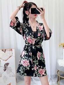 Silky Floral Print Short Sleeve Robe For Women, Sexy Lightweight Ankle Length Robe Suitable For Loungewear And Outerwear - Multicolor - View 3