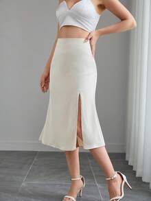 Chân váy satin cạp cao màu trơn dành cho nữ, phù hợp cho mùa xuân, hè, thu và đông, thiết kế xẻ tà bên hông, khóa kéo ẩn - Thanh lịch, tối giản, đa năng, phù hợp cho Giáng sinh, Halloween, Lễ Phục sinh, Ngày Nhà giáo, du lịch thường ngày, công sở, tiệc tối và các dịp khác. - Màu be - Xem 4