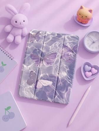 One Purple Sand Butterfly Pattern Tablet Computer Case, Compatible With IPad 10.2-Inch Ipad Pro 2021/2020 IPad 9th / 10th Generation, Galaxy Tab A8 10.5-Inch 2022, Matepad 10.4, Anti-Drop, With Pen Slot Support Sleep/Wake