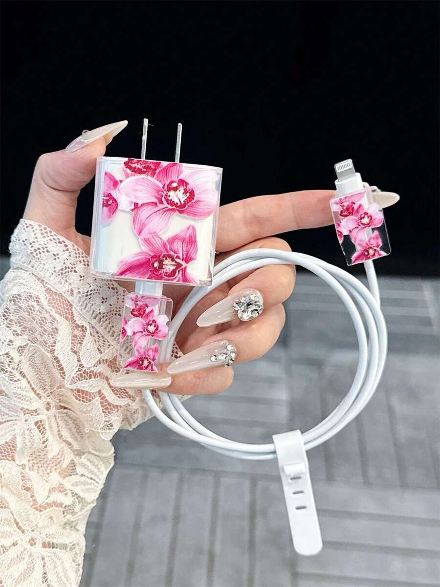 个性化花卉印花保护壳 兼容苹果数据线、充电头、13/14/15 Pro Max、防猫咬