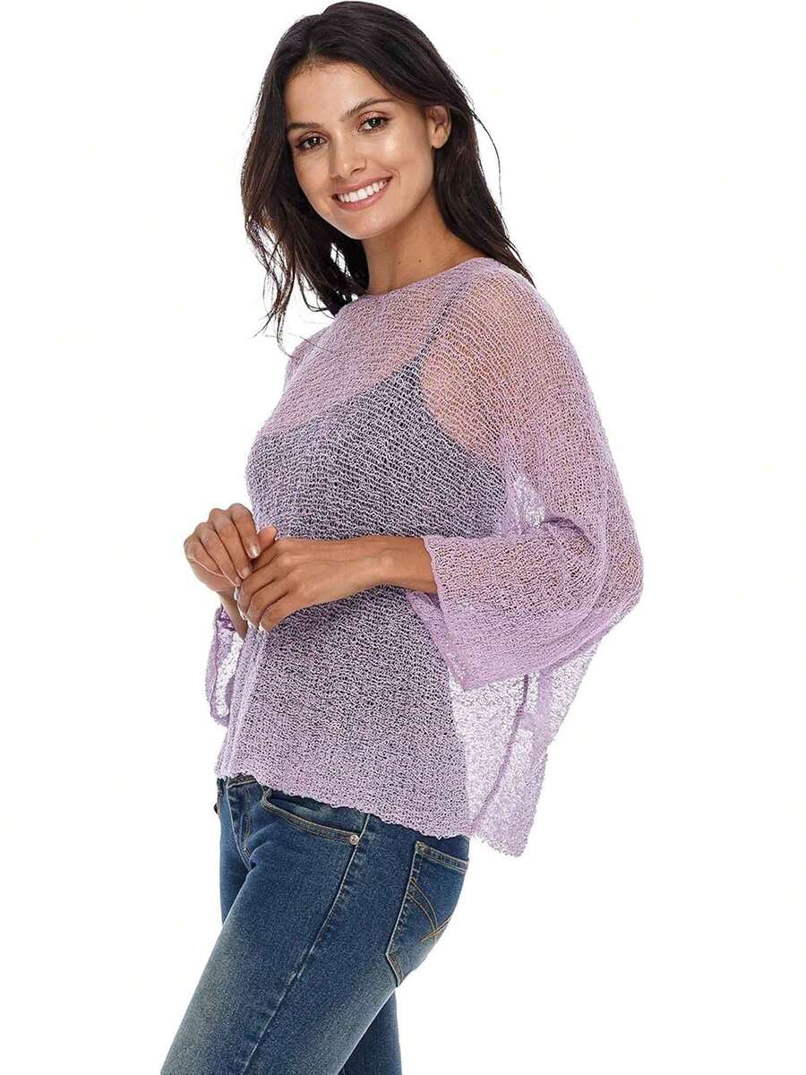 Women Knit Cover-Up, See-Through Solid Irregular Loose Pullover Summer Beach Tops - 紫色 - 查看 1