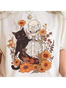 T-Shirt Unisex Cotton Soft Shirt Skull Flowers Kitten Maligu Fashion - 灰白色 - 查看 2
