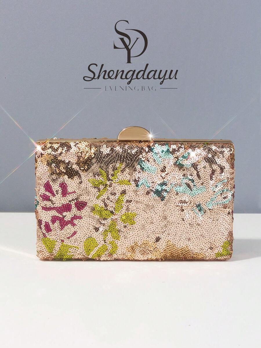 1件女士花卉图案手提包，时尚多色复古亮片刺绣花朵链条晚宴包，特别适合派对、婚礼、宴会，可搭配节日派对服装、晚礼服和亮片服装。最佳选择：优雅独特的手提包，适合新娘送礼会，闪亮亮片包包，展现女性优雅气质。