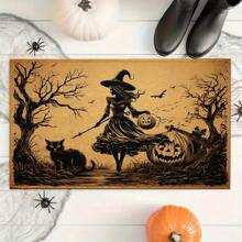 1 pieza Felpudo de goma con estampado de bruja de Halloween, árbol desnudo y gato, tapete para baño, cocina, lavandería, decoración de ambiente festivo, decoración para el hogar, fiesta, boda, cocina