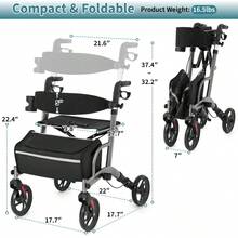 IsEasy Rollator Walker For Seniors, Lightweight Foldable Walker With Seat Supports 250lb, 8" Big Wheels For All Terrain, Dual Height Adjustment, Aluminum Walkers With 5" Ultra Backrest For Seniors, Silver - Silver - View 7