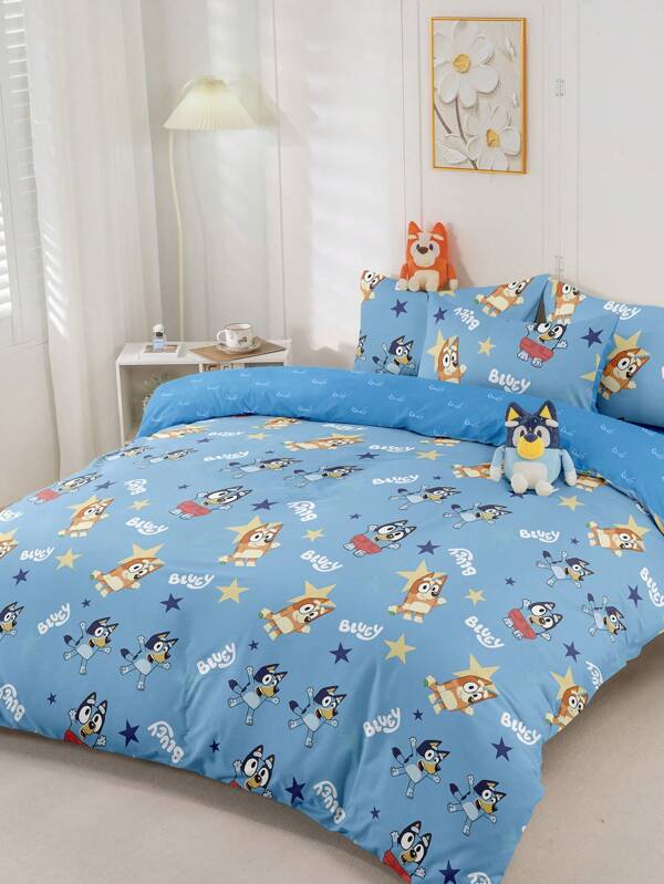 Bluey Juego de funda nórdica de 2/3 piezas de Bluey, ropa de cama de Bluey, juego de ropa de cama cálido y transpirable, amigable con la piel y cómodo, juego de funda de edredón con estilo de dibujos animados, suave y anti-pelusas, textil para el hogar lindo, serie de colores fríos de funda de edredón y fundas de almohada