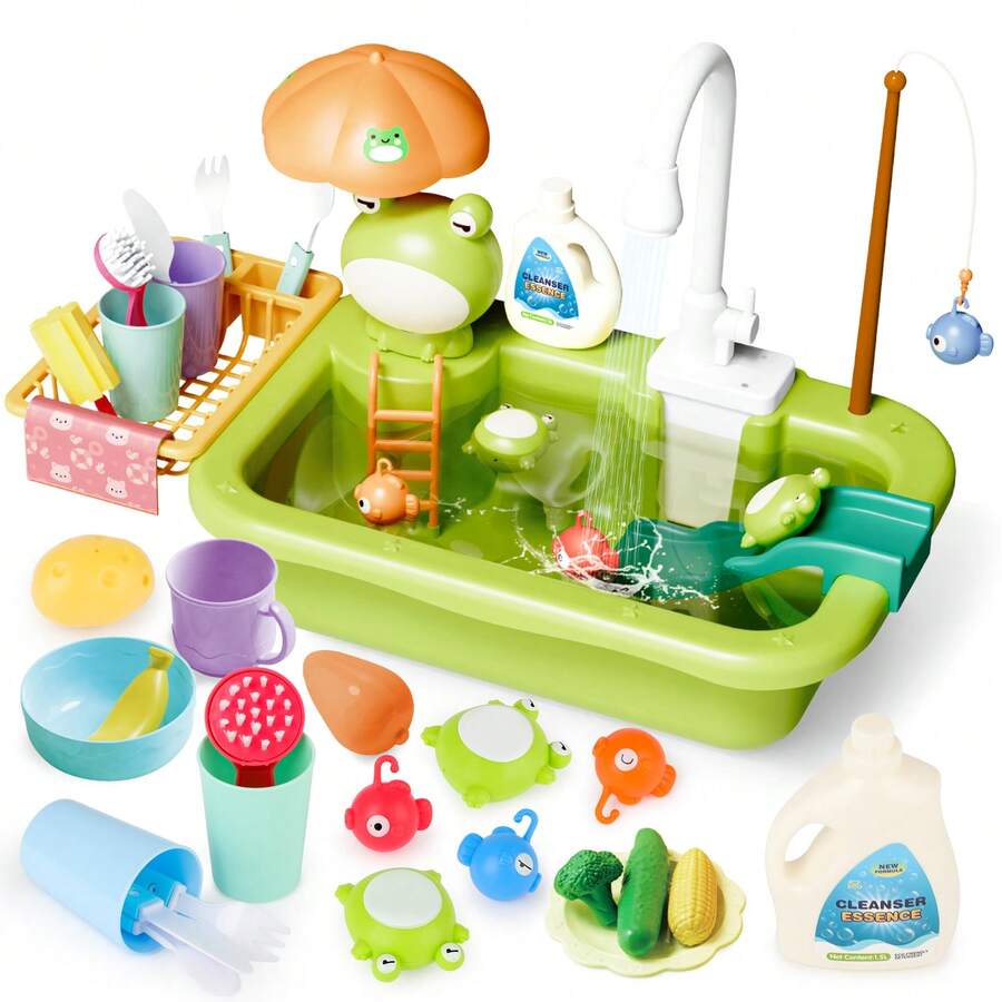 Green Frog Kitchen Play Sink With Running Water Pretend Play Wash-Up Kitchen Sets - Green - View 1