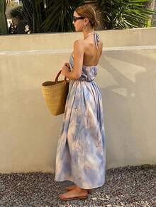 Livesso Tie-Dye Tie Dye Floral Print Long Spaghetti Strap Dress For Women Summer Cruise Women Outfits Sundress