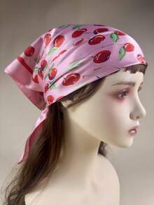 1条女士樱桃印花优雅丝巾，缎面领巾头巾，连衣裙配饰 - 粉色 - 查看 2