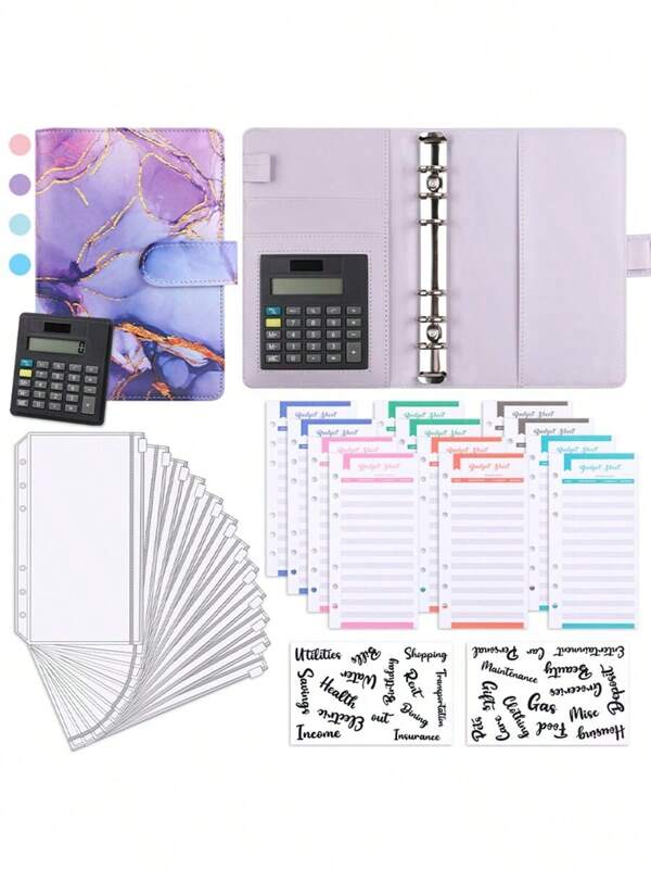 1 Set Or 2 Sets Of A6 Colorful Marble 6-Ring Binder Cover Loose Leaf Budget Planner Notebook With 1 Calculator, 12 Zipper Bags, 2 Sticker Sheets, 12 Marble Budget Cards, Multifunctional Office Supplies Loose Leaf Binder