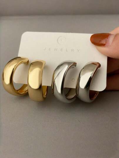 4 قطع/ مجموعة أقراط حلقية دائرية سميكة بمقاس 10 مم ، أقراط ضخمة ، بحجم متوسط ، أقراط ملفتة للنظر ، أقراط حلقية واسعة لامعة باللونين الذهبي الأصفر والفضي ، مجموعة مجوهرات - مثالية لتناسب مع المظهر الخارجي