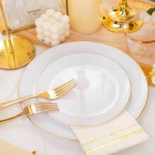 Festiva Juego De 176 Platos De Plastico Blanco Y Dorado Color Blanco Con Borde Dorado 25 Invitados Incluye Platos Tazas Cubiertos Servilletas Para Fiesta De Año Nuevo Boda Y Pascua - Redondodorado - View 5