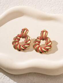 一对 18K 金色金属滴油几何斑马纹夸张独特耳饰