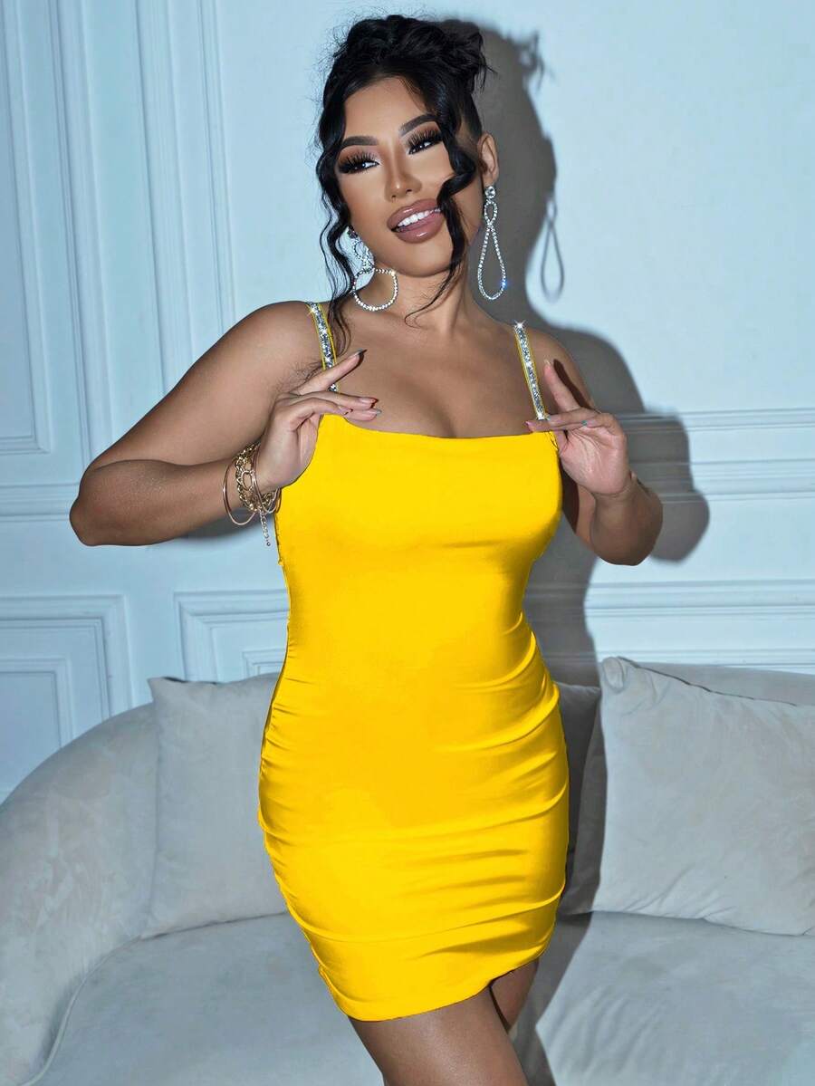 Joyfunear Vestido mini ajustado de tirantes finos de unicolor y simple para mujer - Amarillo - Ver 1