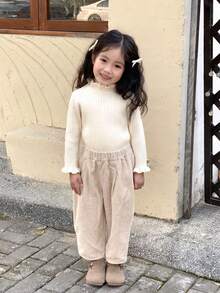 1 件年轻女孩时尚可爱纯色长袖针织毛衣，常规版型，春秋季 - 米色 - 查看 8
