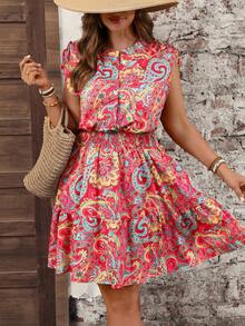 Vestido corto de mujer casual para vacaciones con estampado floral, hombros fruncidos, lazo, cintura con cordón, cuello redondo, botones delanteros y volante en el bajo