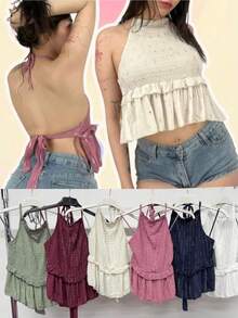 Women's Glitter Party Top With Ruffle Hem For Daily Summer - Blue - View 4