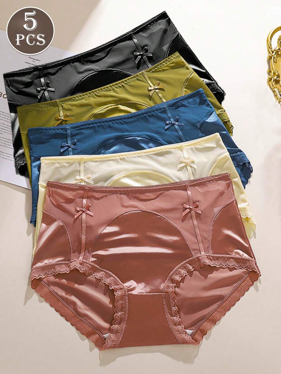 5pcs/Pack Women's Satin Lace Sexy Sheer Mesh Bow Decor Elastic Waist Bikini Panties